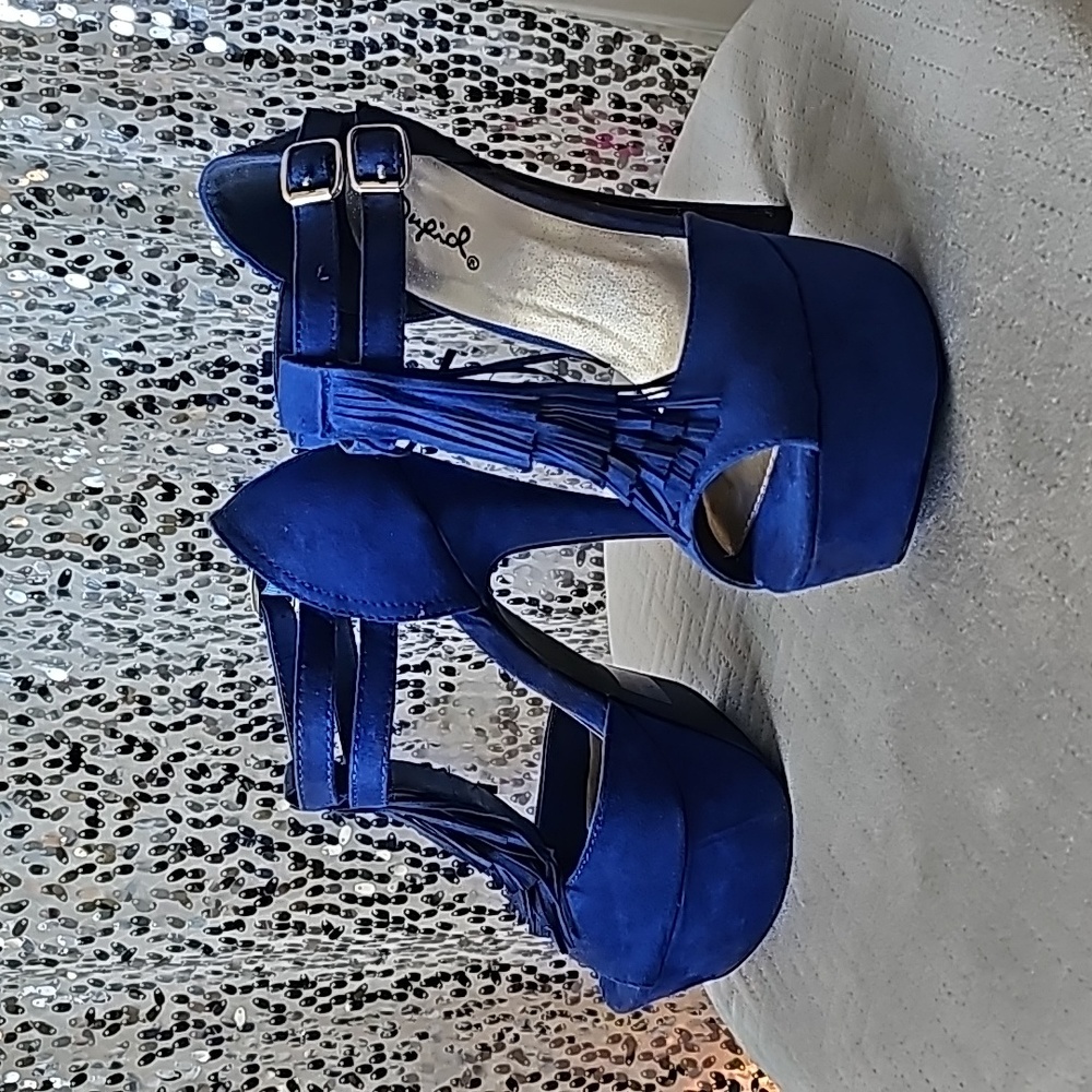 Cobalt Blue Suede T-strap Stiletto  Fringe Heels